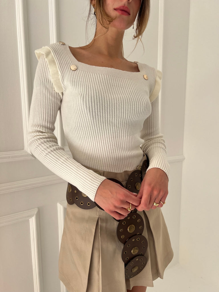 White Buttoned Square Neckline Basic Pullover - Mii