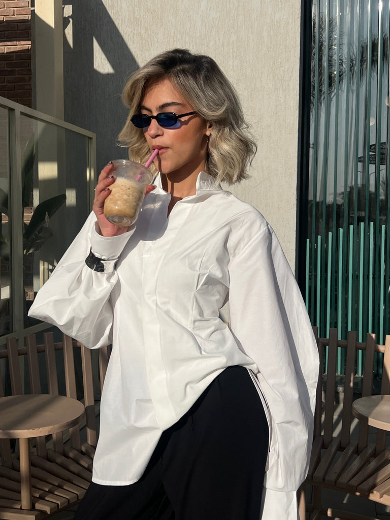 White Cinched Puff Sleeves Shirt - Mii