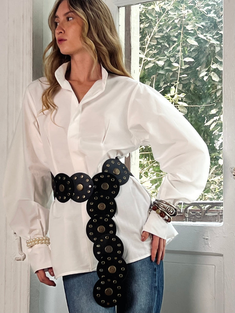 White Cinched Puff Sleeves Shirt - Mii