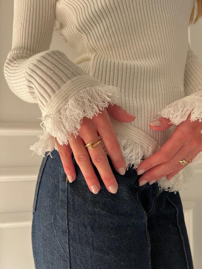 White Fringe Basic Pullover - Mii