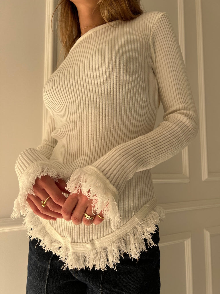 White Fringe Basic Pullover - Mii