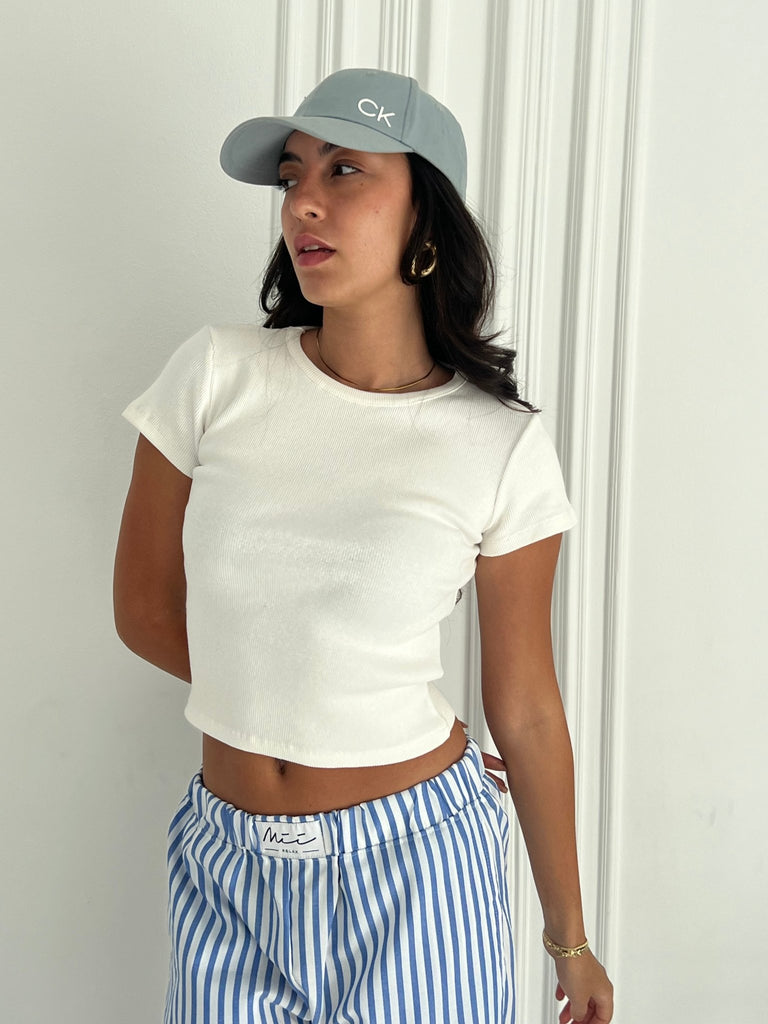 White Half Sleeve Ribbed Top - Mii