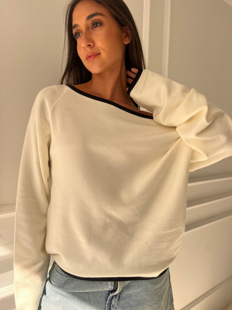 White One Shoulder Lined Knit Pullover - Mii