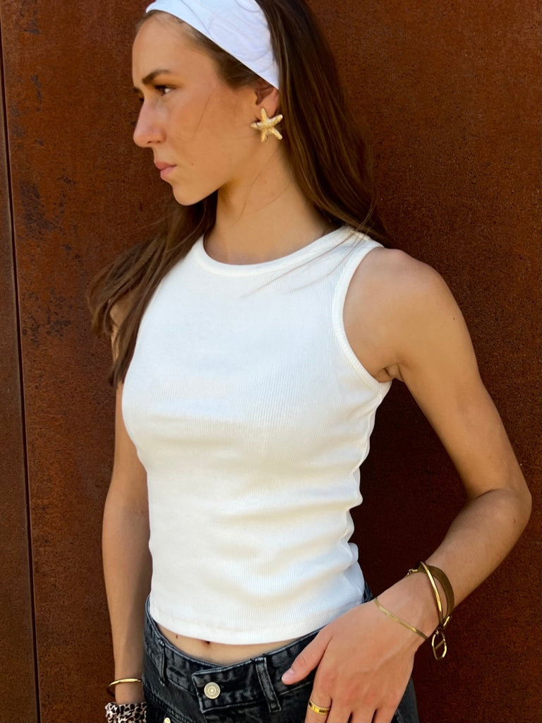 White Round Neck Ribbed Top - Mii