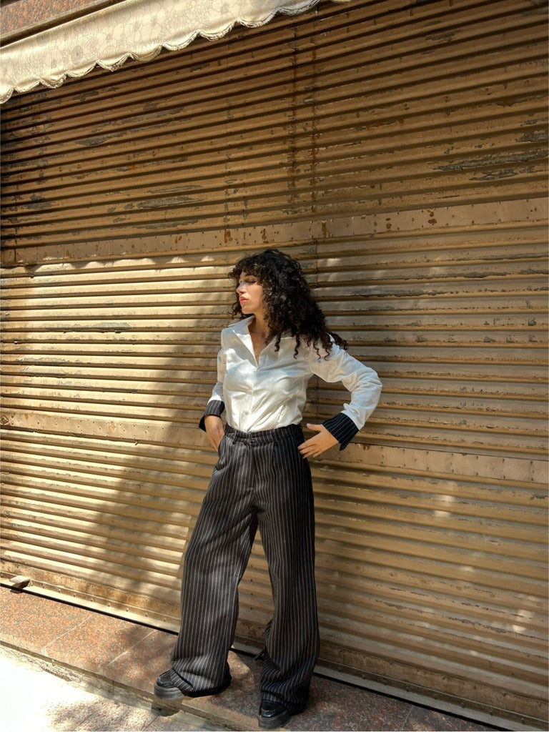 White Shirt with Black Pinstripe Cuffs - Mii