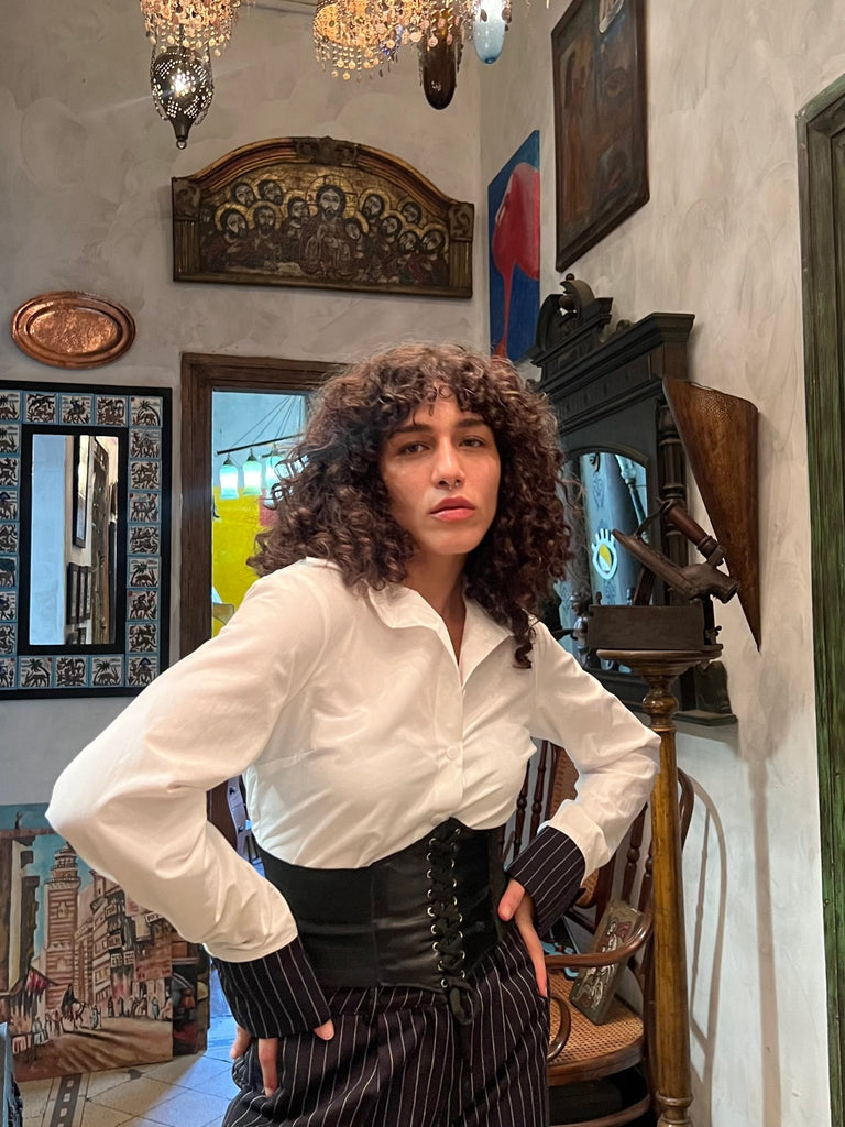 White Shirt with Black Pinstripe Cuffs - Mii