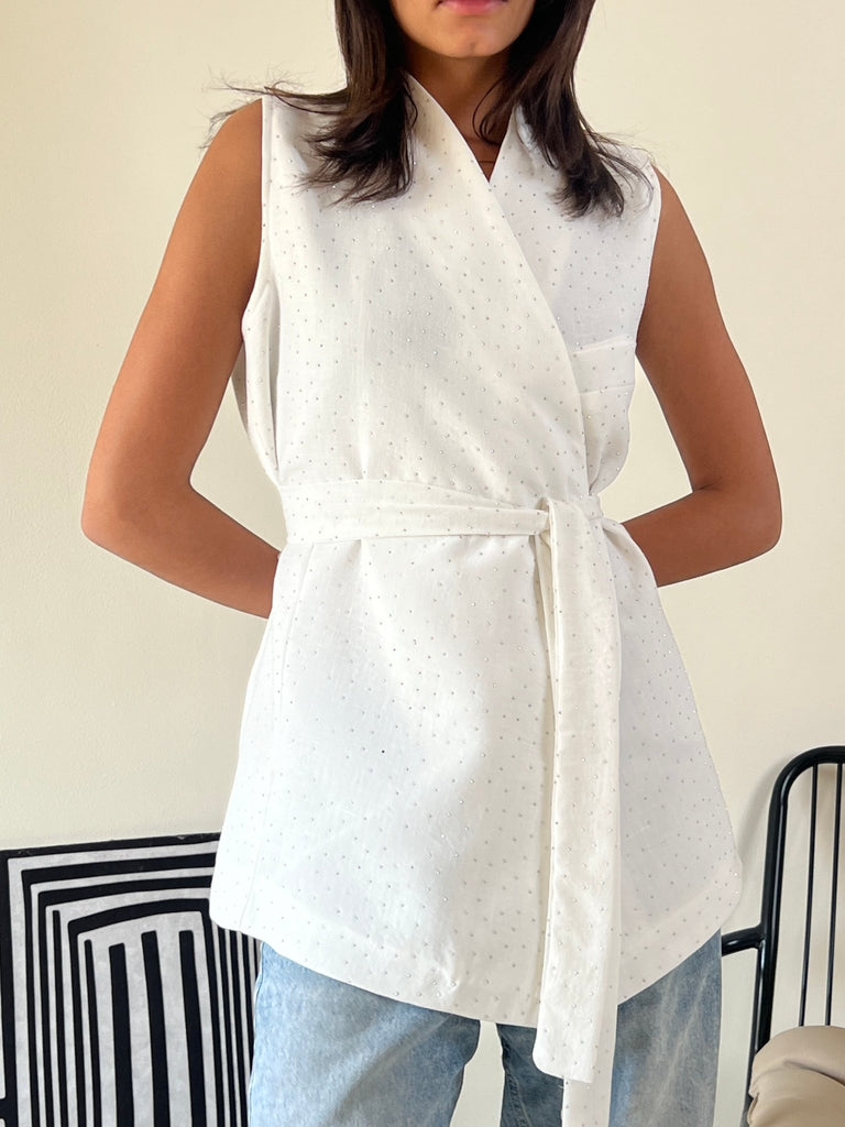 White Sleeveless Glittery Belted Vest - Mii