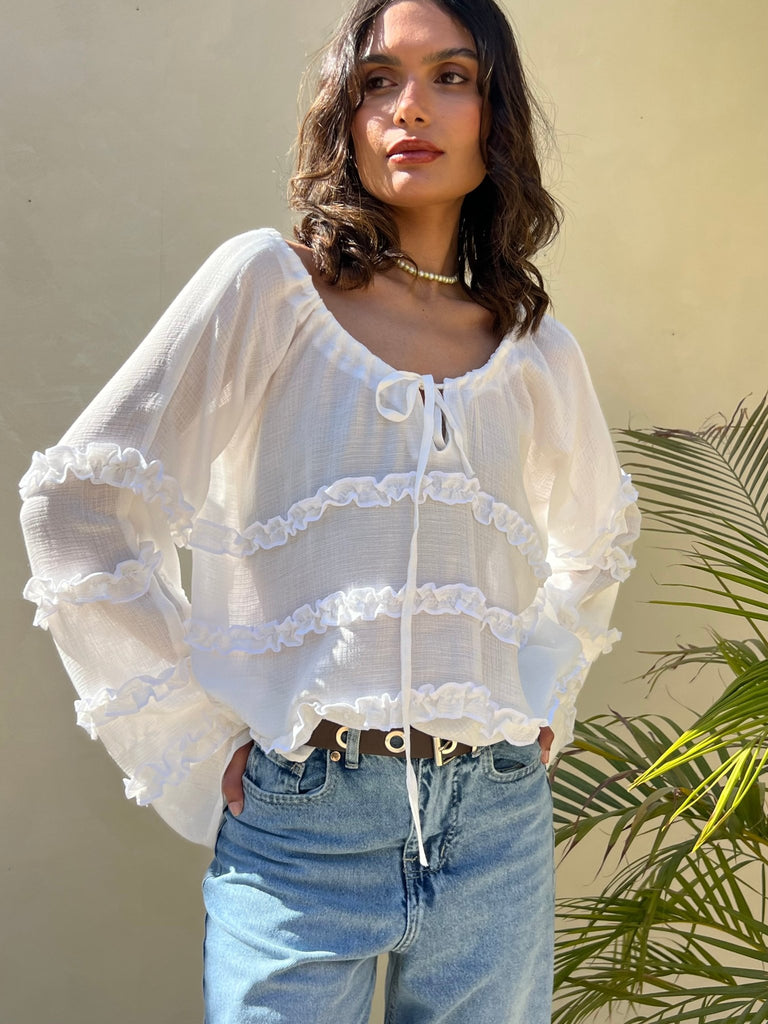 White Soft Ruffle Chiffon Blouse - Mii