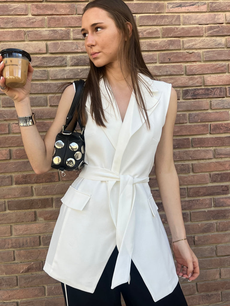 White Tie On Snatched Waist Vest - Mii