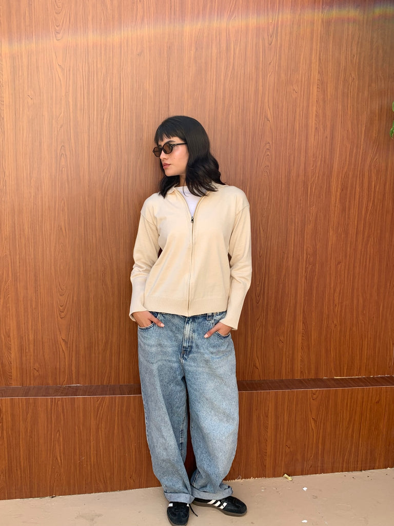 White Zip Up Knit Sweater - Mii