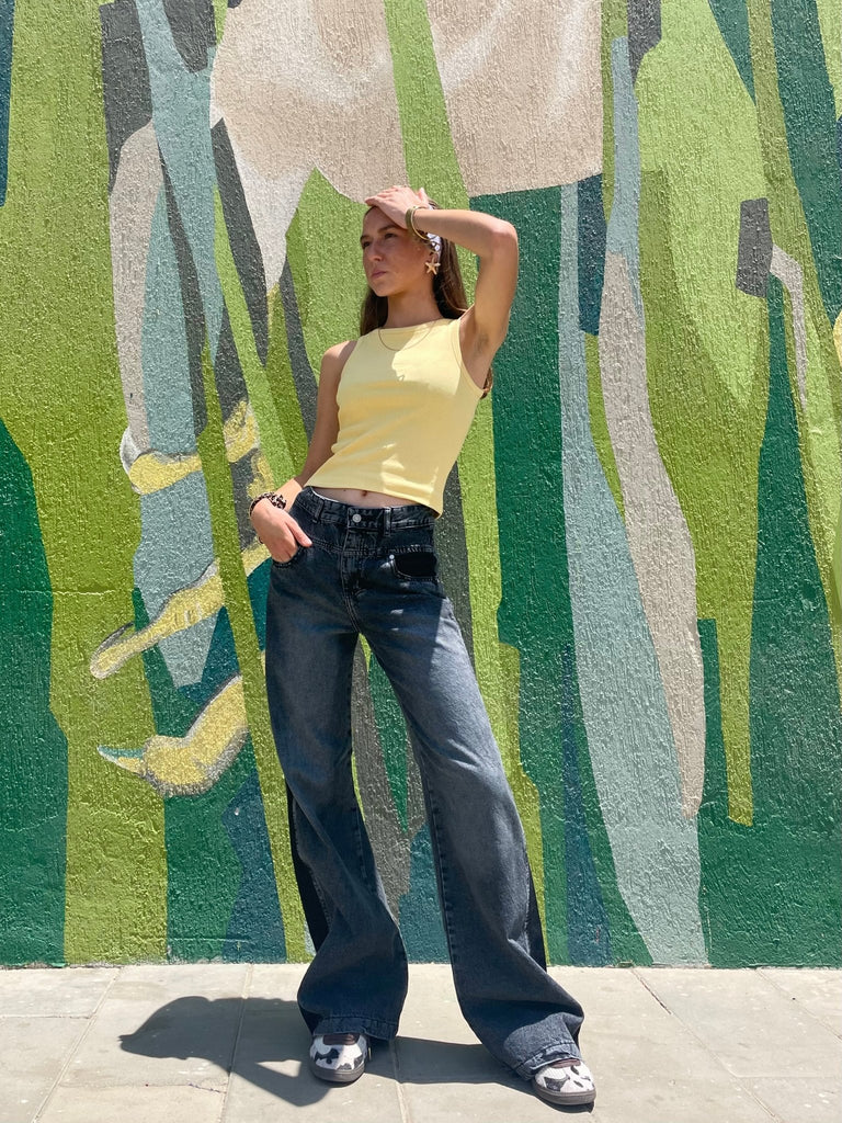 Yellow Round Neck Ribbed Top - Mii