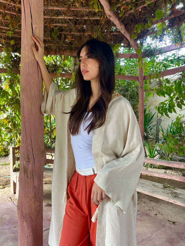 Beige Linen Gold Detail Cardi - Mii