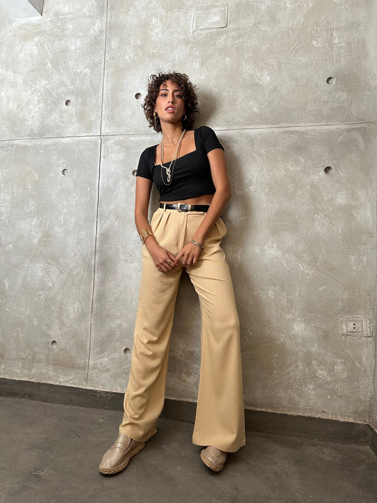 Beige Textured Low Waist Pants - Mii