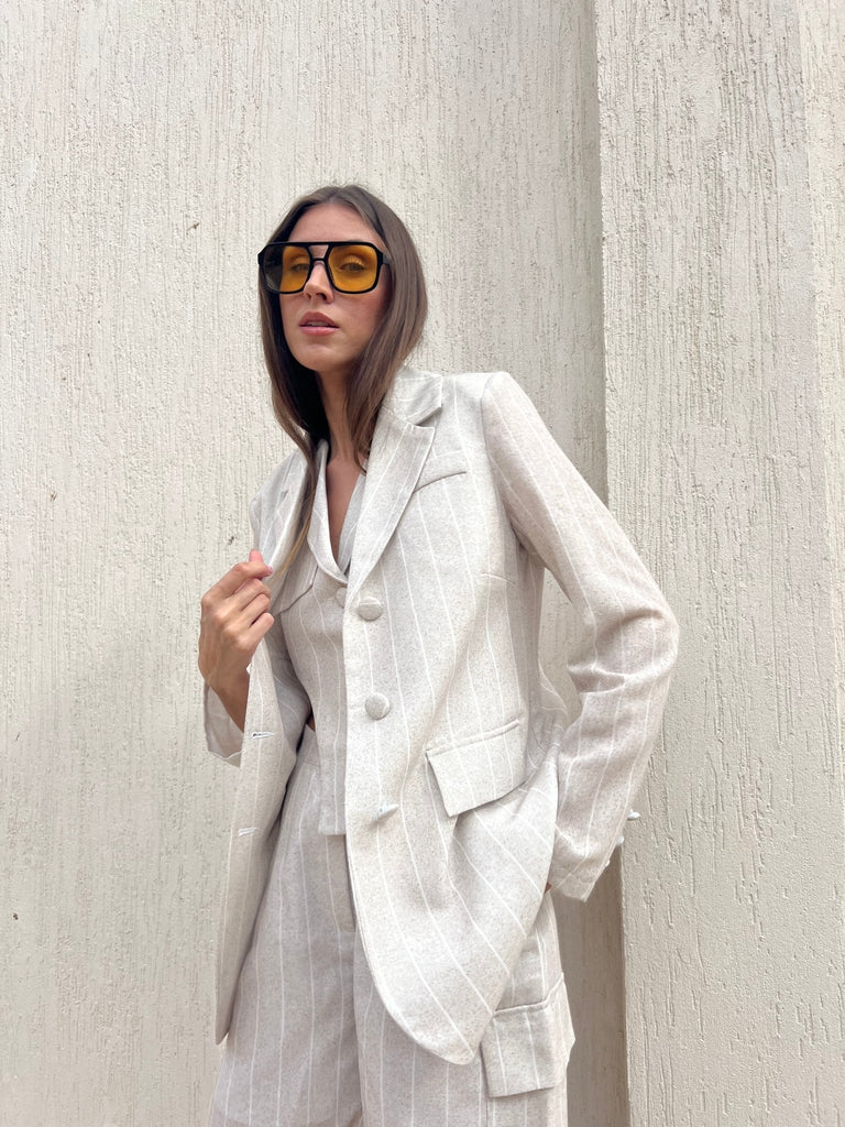 BeigexWhite Striped Buttoned Blazer - Mii