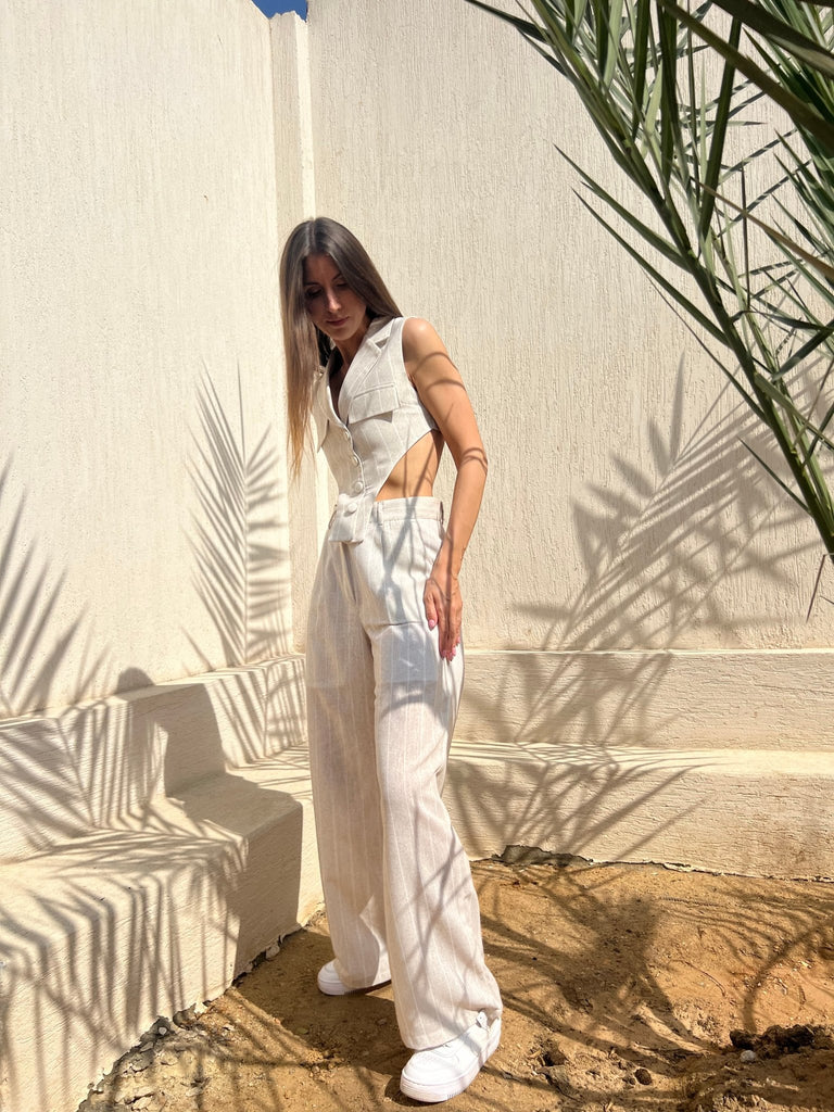 BeigexWhite Striped Pants - Mii