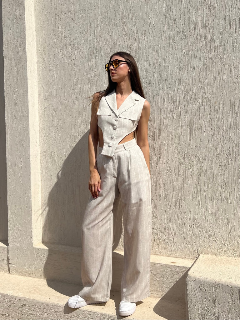 BeigexWhite Striped Pants - Mii