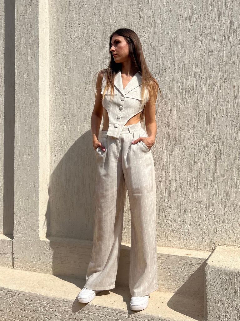 BeigexWhite Striped Pants - Mii