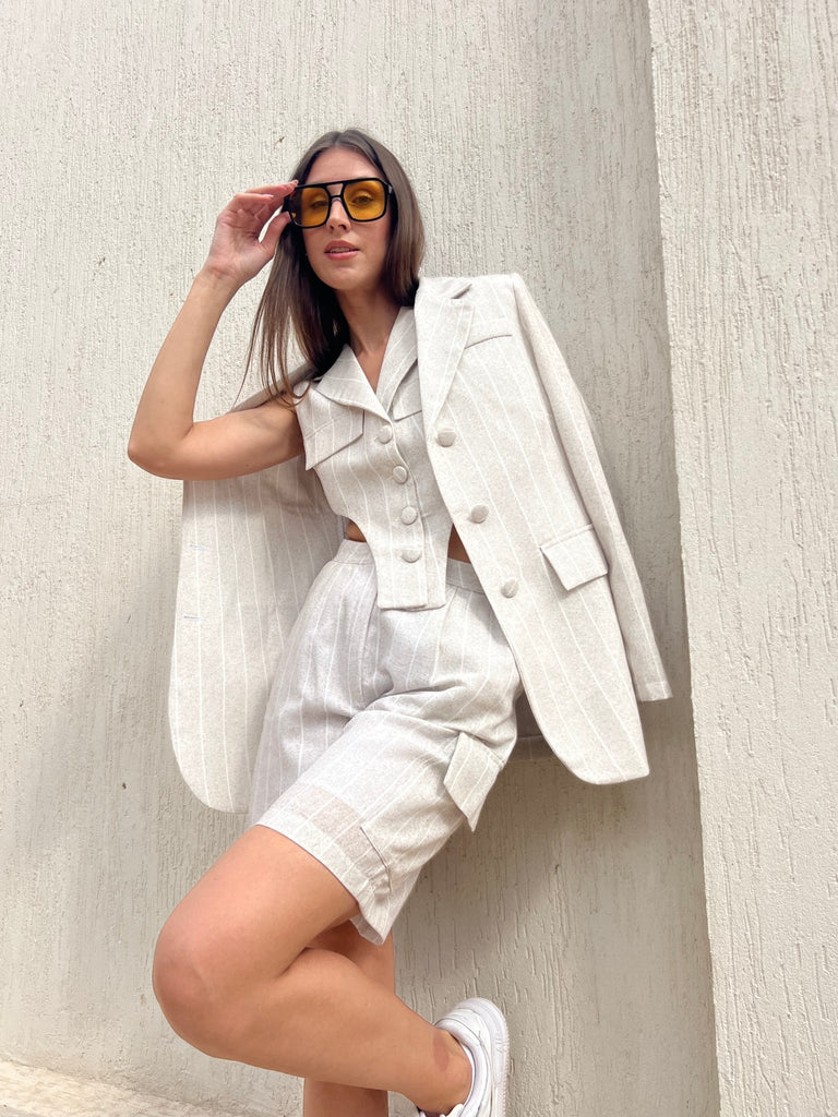 BeigexWhite Striped Shorts - Mii