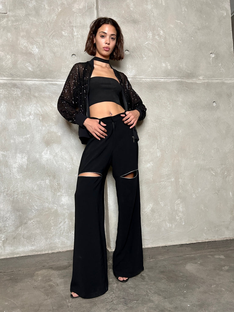 Black Silver Lined Slit Pants - Mii
