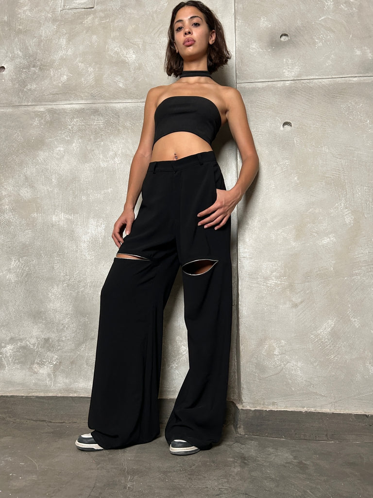 Black Silver Lined Slit Pants - Mii