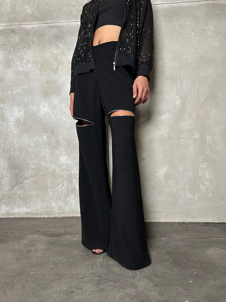 Black Silver Lined Slit Pants - Mii