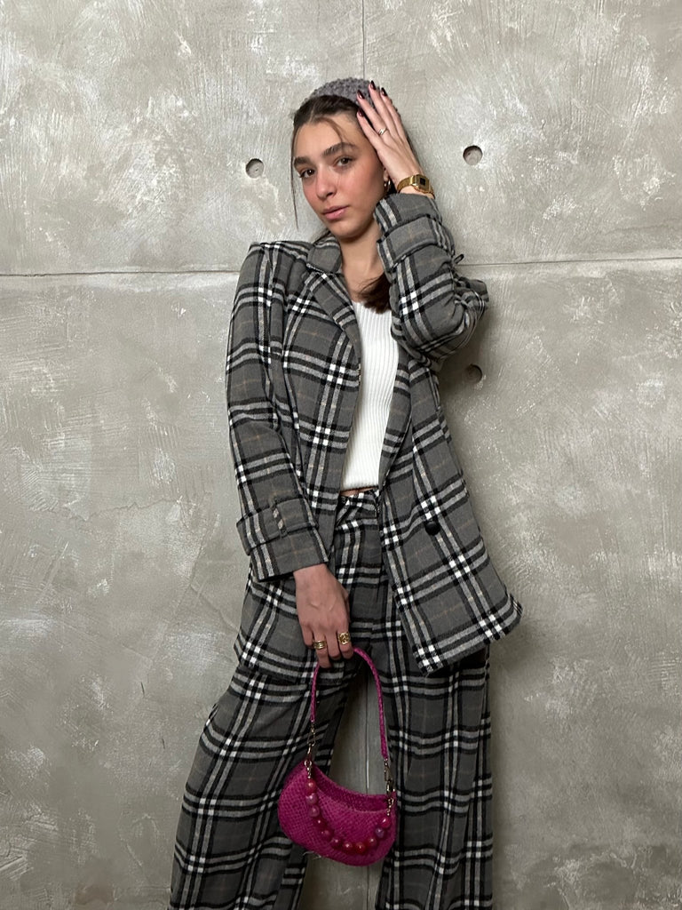 Grey Plaid Oversized Blazer - Mii