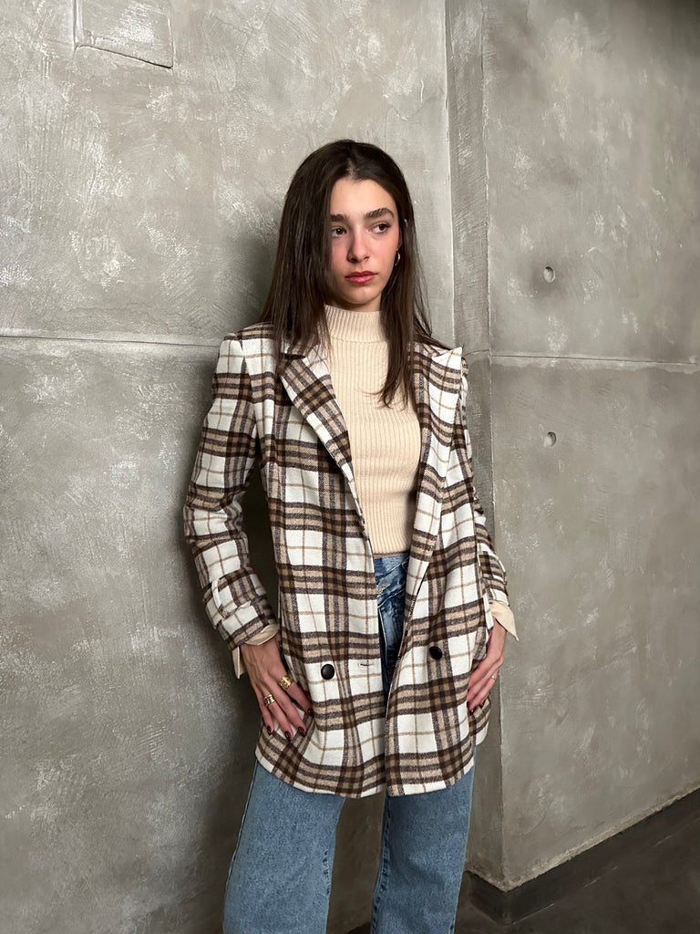 Off White Plaid Oversized Blazer - Mii