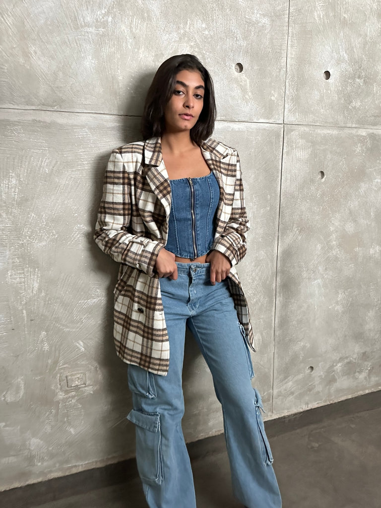 Off White Plaid Oversized Blazer - Mii