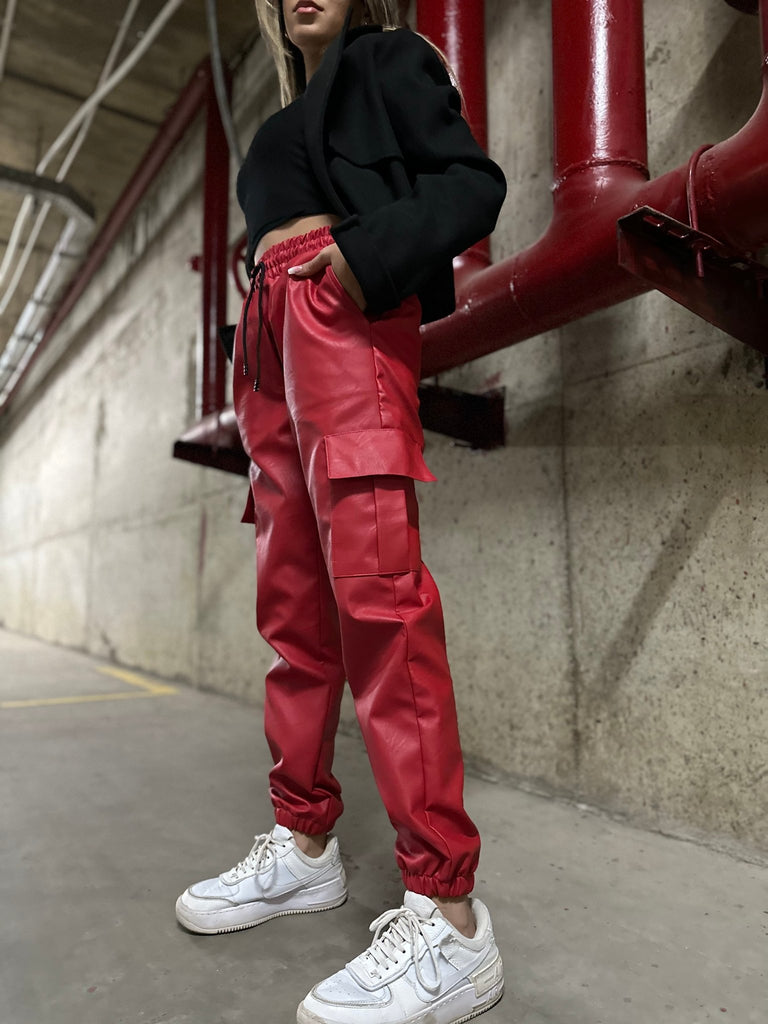 Red Leather Cargo Joggers - Mii