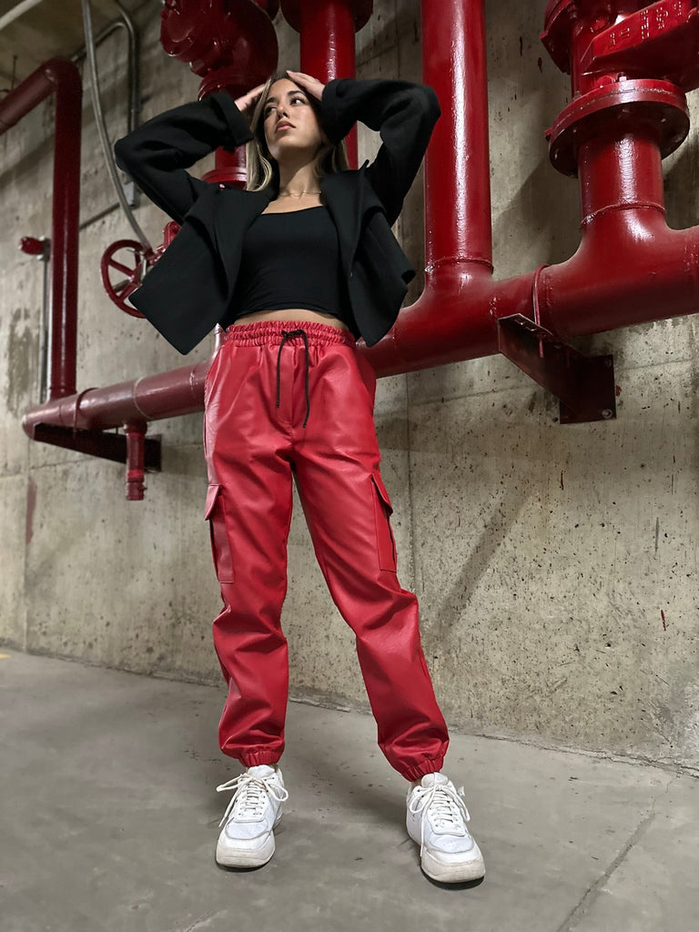 Red Leather Cargo Joggers - Mii