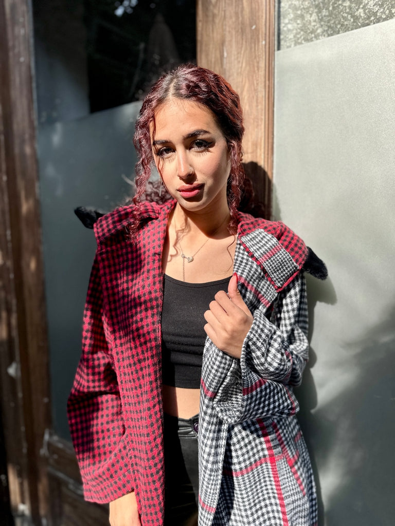 RedXGrey Plaid Fur Trim Coat - Mii