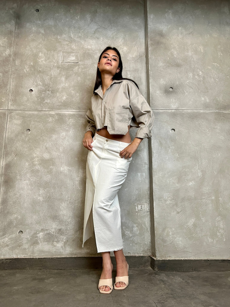 White Front Slit Gabardine Maxi Skirt - Mii