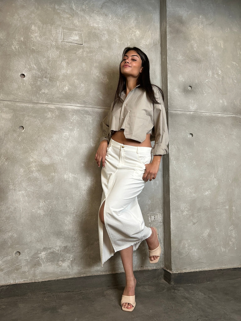 White Front Slit Gabardine Maxi Skirt - Mii