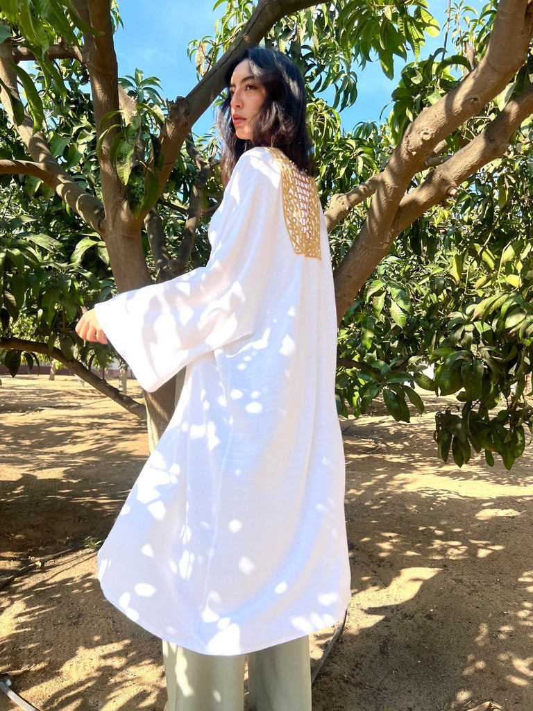 White Linen Gold Detail Cardi - Mii