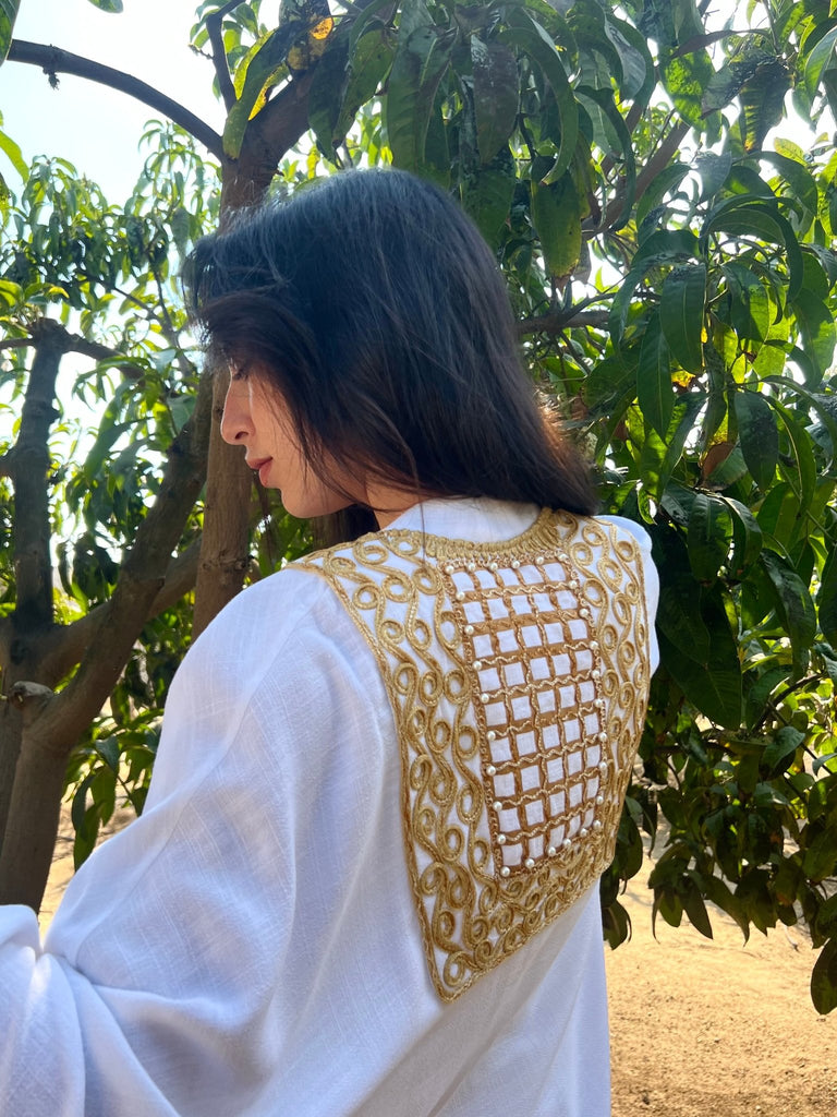 White Linen Gold Detail Cardi - Mii