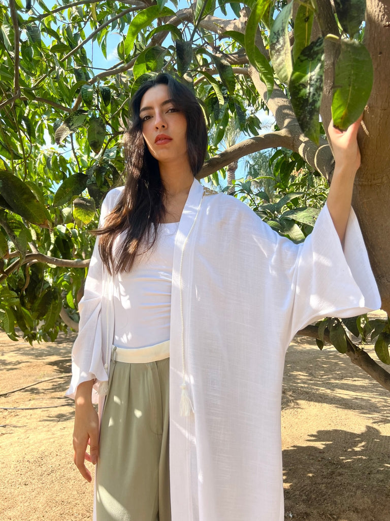 White Linen Gold Detail Cardi - Mii